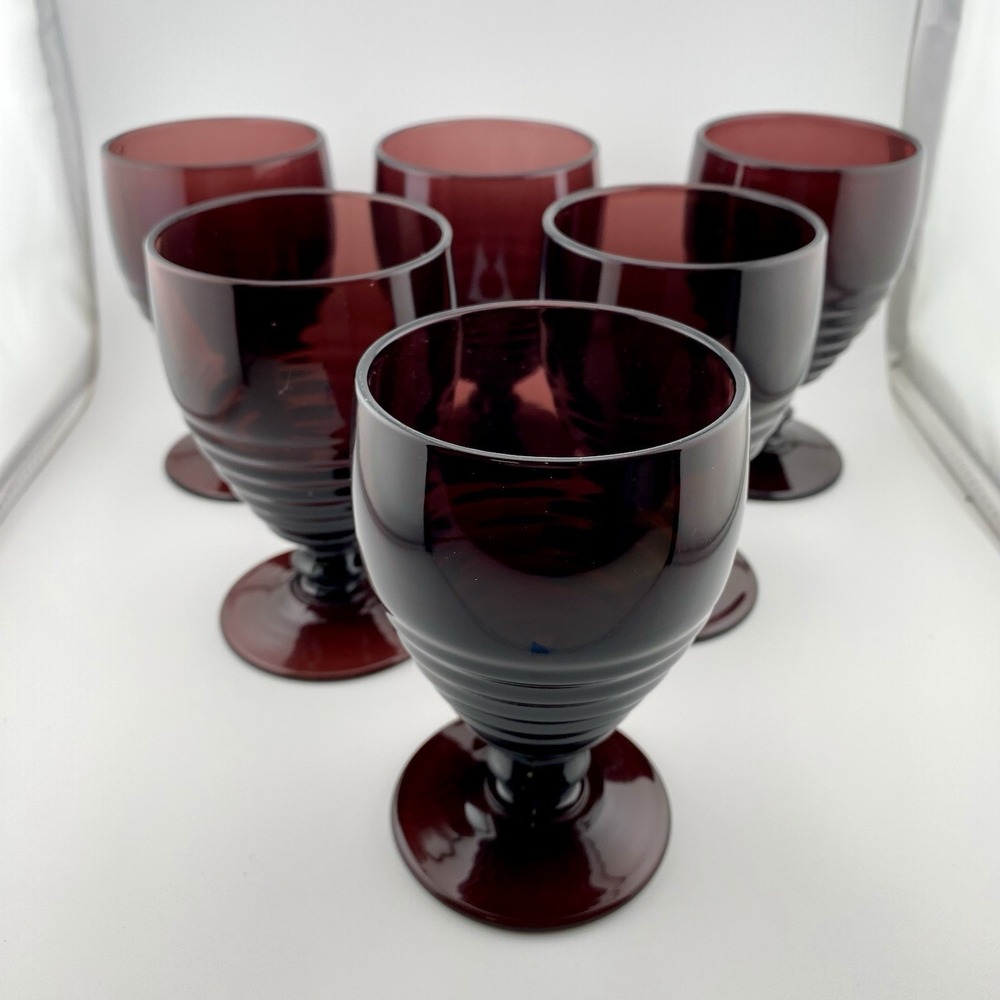 Vintage Amethyst Glass Goblets Set of 6 – Ribbed Mid-Century Water Paden City